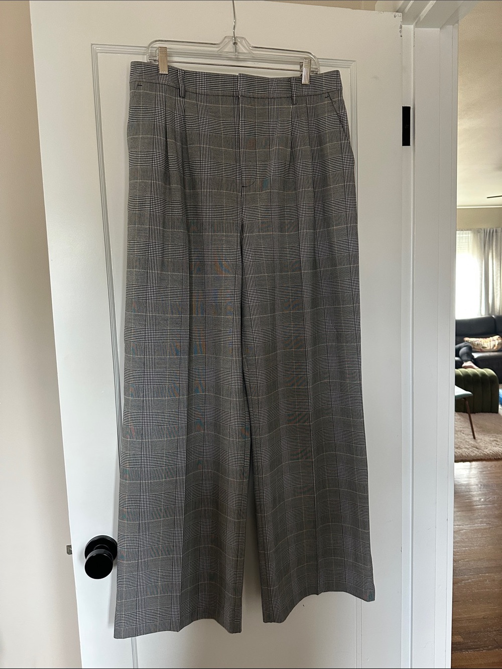 Gray Plaid High-Rise Wide-Leg Trousers